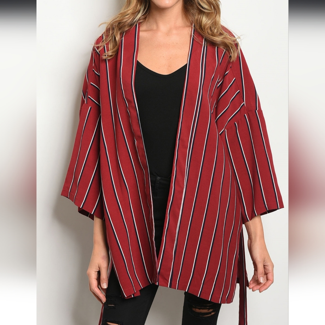 Burgyndy Striped Kimono/Cardigan With Belt- New Sm, Md, Lg